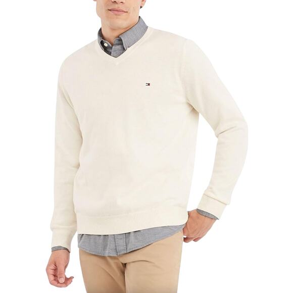 Tommy Hilfiger Men's Classic V-Neck Sweater White Cotton Knit Medium - Picture 1 of 6